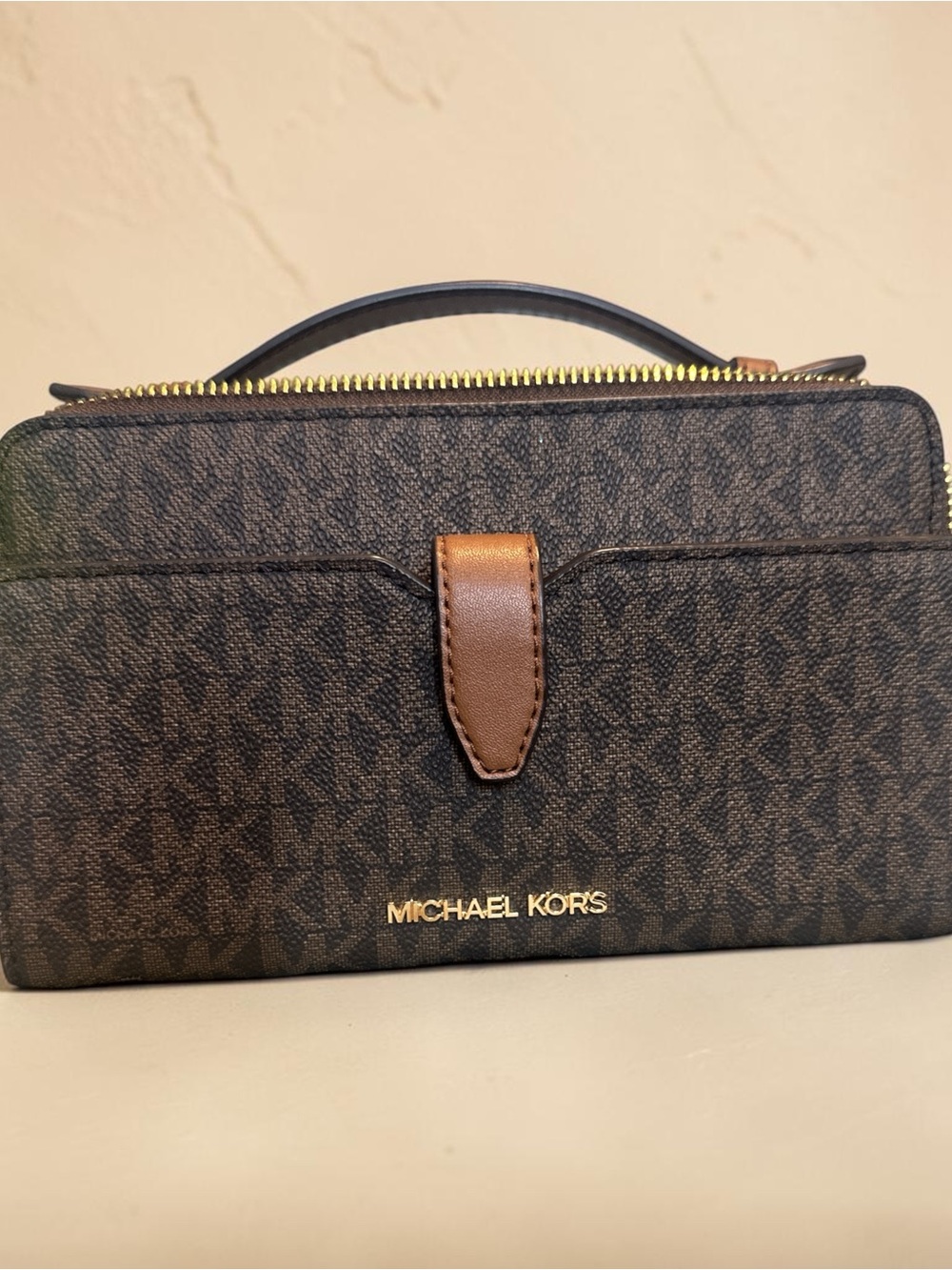 Michael Kors Brown Monogram Leather Top-Handle Wallet
